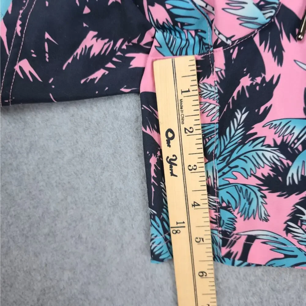 SURFCUZ Mens Medium Pink Swim Trunks Black Blue Palm Tree Pattern Drawstring
